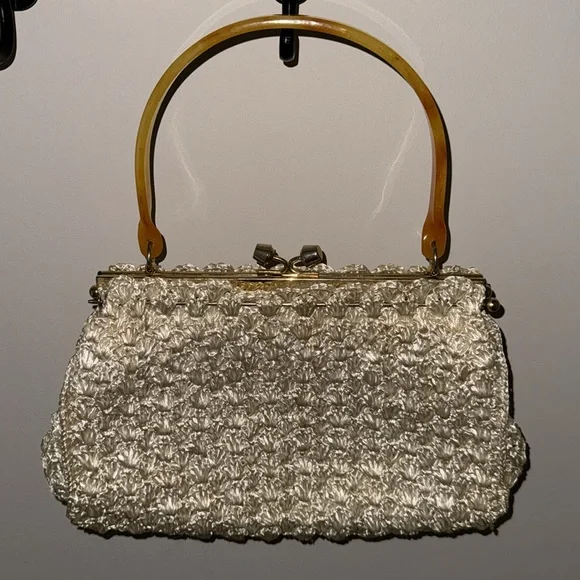 Vintage Large Woven Raffia Top Handle Ivory Cream Granny Core Handbag - Picture 9 of 14